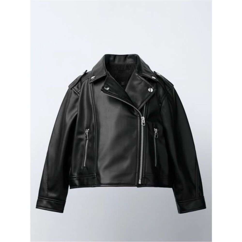 0036 Zara Black Faux Leather Biker Jacket with Silver Hardware